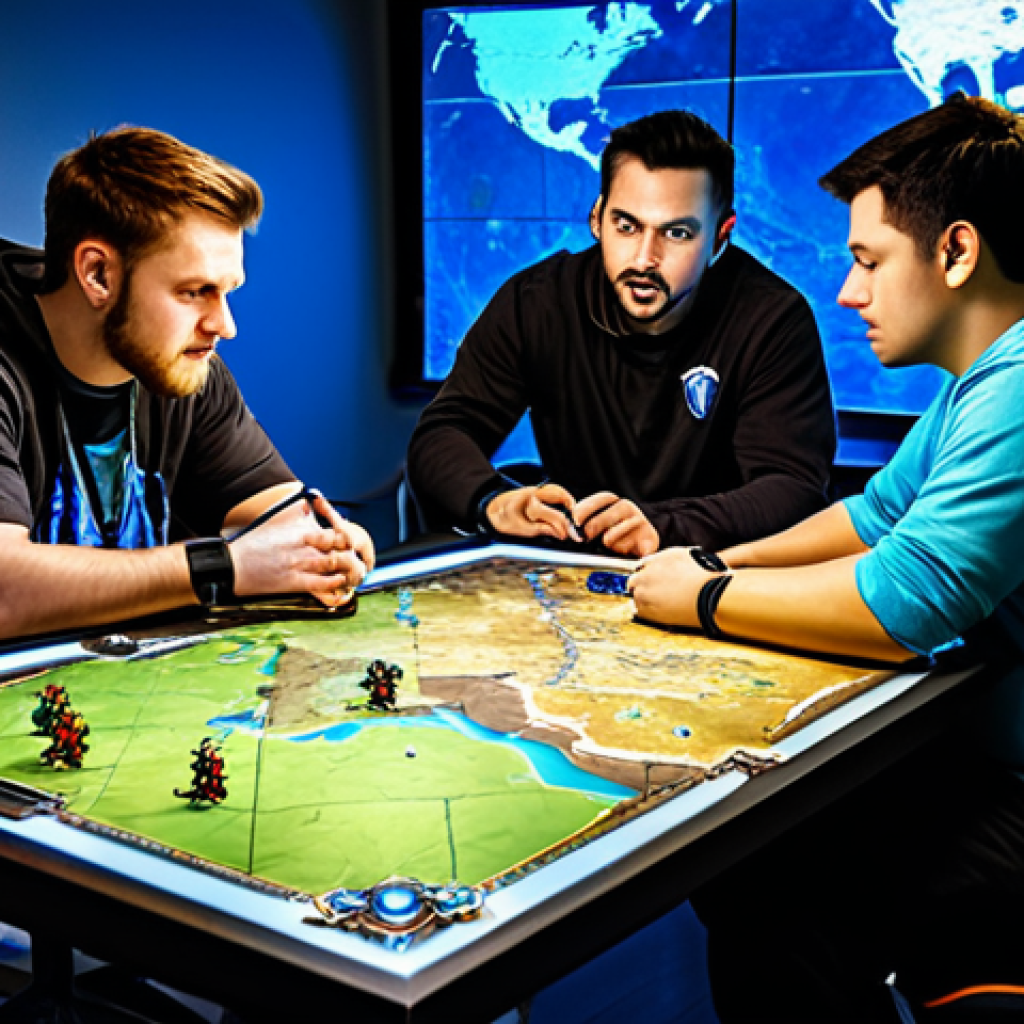 Team Strategy Session**

"A diverse group of fully clothed professional Warcraft 3 players in modest esports attire gathered around a large table, reviewing strategy on a holographic display showing a Warcraft 3 map. Modern, well-lit practice room. Safe for work, appropriate content, perfect anatomy, correct proportions, natural pose, professional environment, fully clothed, family-friendly."

**