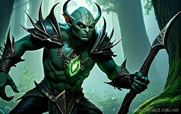 워크래프트3 골렘 사냥 루트 - **Prompt:** A brave and agile Night Elf Demon Hunter, clad in intricate leather armor with glowing f...