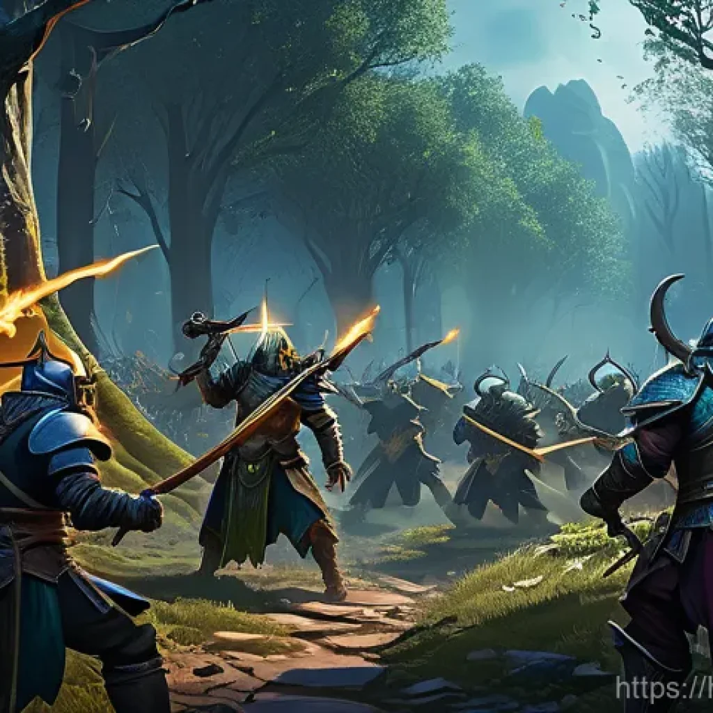 워크래프트3 타종족 간 팀플레이 전략 - In the foreground, heavily armored Orc Grunts and Human Footmen clash with unseen enemies, their shi...