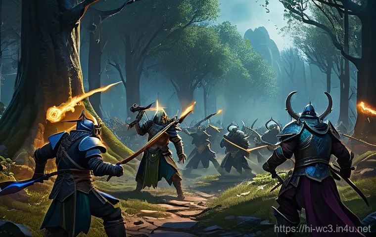 워크래프트3 타종족 간 팀플레이 전략 - In the foreground, heavily armored Orc Grunts and Human Footmen clash with unseen enemies, their shi...