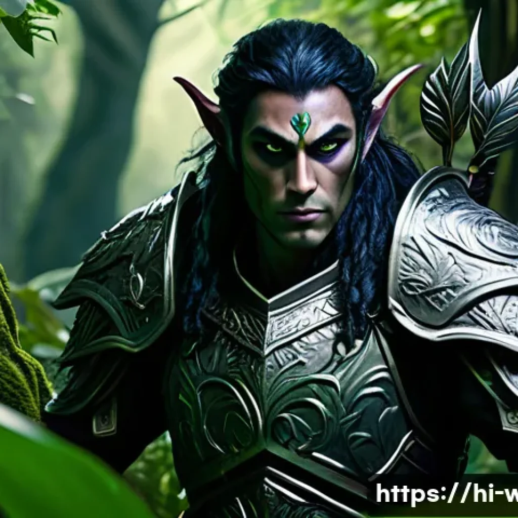 워크래프트3 나이트 엘프 전략 - A stealthy Night Elf warrior hiding within the dense, shadowy jungle, camouflaged among thick green ...