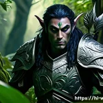 워크래프트3 나이트 엘프 전략 - A stealthy Night Elf warrior hiding within the dense, shadowy jungle, camouflaged among thick green ...