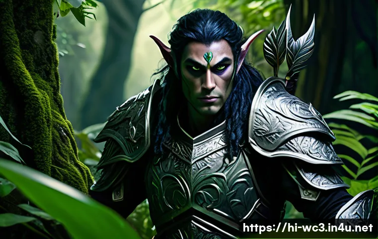 워크래프트3 나이트 엘프 전략 - A stealthy Night Elf warrior hiding within the dense, shadowy jungle, camouflaged among thick green ...