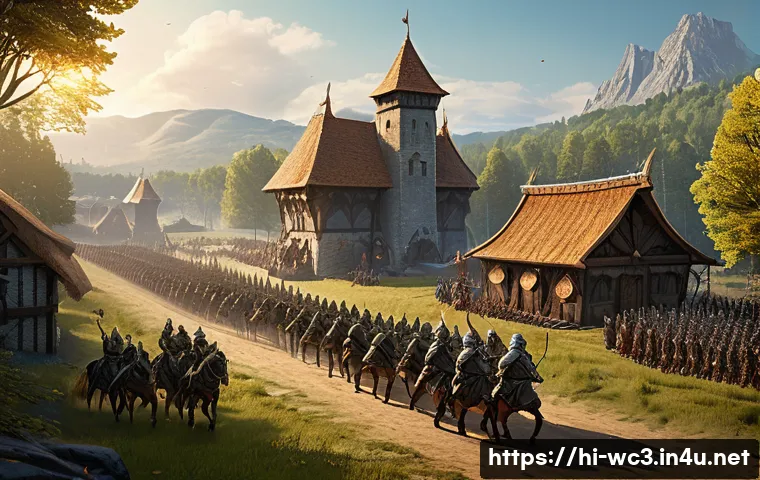 워크래프트3 테크트리 이해하기 - A detailed fantasy battlefield scene showing a balanced human race army formation with warriors in f...