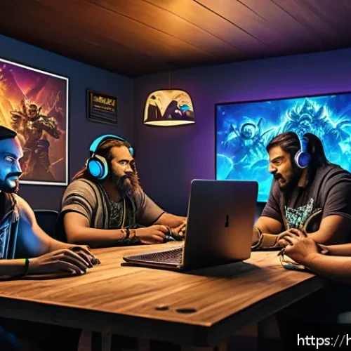 워크래프트3 유저 커뮤니티 소개 - A vibrant digital illustration of a diverse group of Warcraft 3 players engaging in an online Discor...