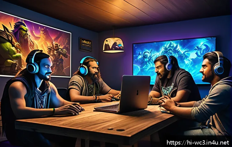 워크래프트3 유저 커뮤니티 소개 - A vibrant digital illustration of a diverse group of Warcraft 3 players engaging in an online Discor...