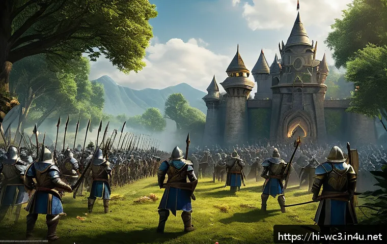 워크래프트3 러시 방어 전략 - A detailed fantasy battlefield scene inspired by Warcraft 3, showcasing a mixed army formation with ...