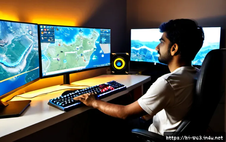 워크래프트3 패치 업데이트 내역 - Photorealistic gaming desk at night, a large monitor showing a generic fantasy real-time strategy ba...