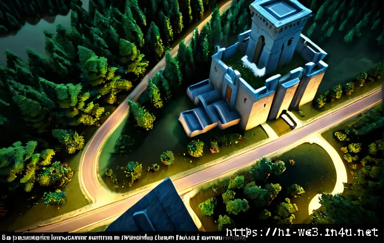 워크래프트3 타워 위치 선정 팁 - Photorealistic overhead view of a fantasy real-time strategy game board on a large monitor, defensiv...