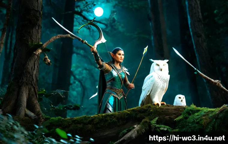 워크래프트3 나이트 엘프 최강 조합 - Photorealistic cinematic fantasy battle scene, an elite moonlit forest elf army in a powerful balanc...