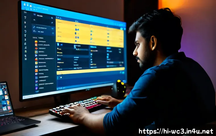 워크래프트3 리더보드 사용법 - Photorealistic over-the-shoulder view of a South Asian adult gamer at a tidy home desk, using a desk...