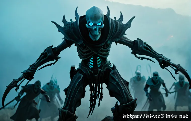 워크래프트3 언데드 디스트로이어 공략 - Photorealistic dark-fantasy battlefield at dusk, a floating undead arcane destroyer creature with gl...