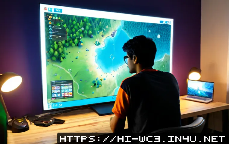 워크래프트3 보석 같은 유즈맵 - Photorealistic gaming desk at night, a focused South Asian young adult exploring a fantasy strategy ...